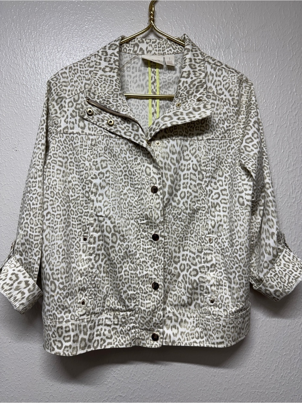 Chico’s Luxe Twill Utility Jacket Leopard Print Zip/Snap Front Jacket